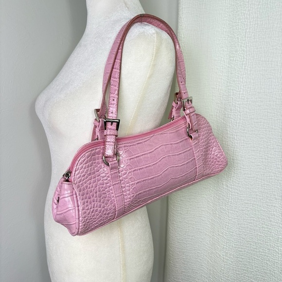BISOU BISOU Pink Faux Croc Leather East West Baguette Y2K Shoulder Purse Bag - Picture 6 of 15